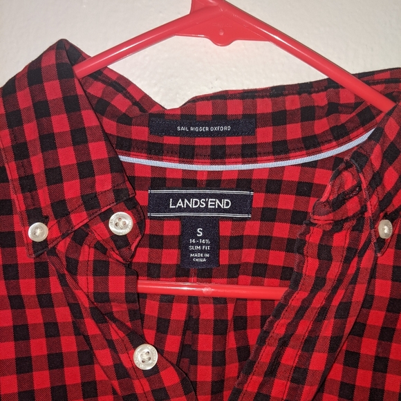 Lands End Gingham Button Up Long Sleeve Red Black Checkered - Picture 2 of 3